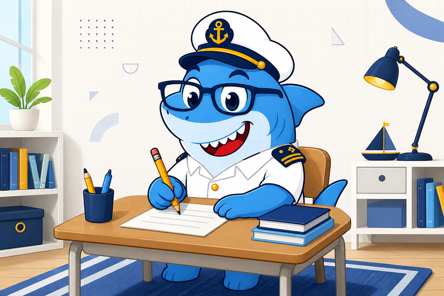 Tuba, mascote do RM2.online, escrevendo em uma carteira de estudos